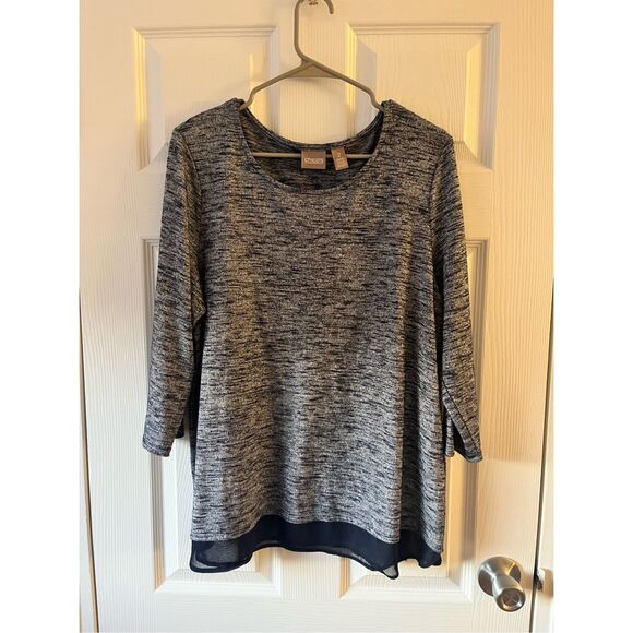 Chico's Blouse Large Size 2 Women's Navy Sparkle Half Sleeve Crew - Picture 1 of 3